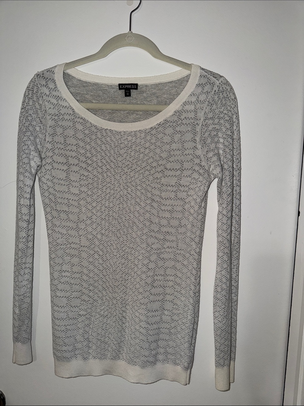 Express Light grey  Sheer Long Sleeve Knit with white Trim